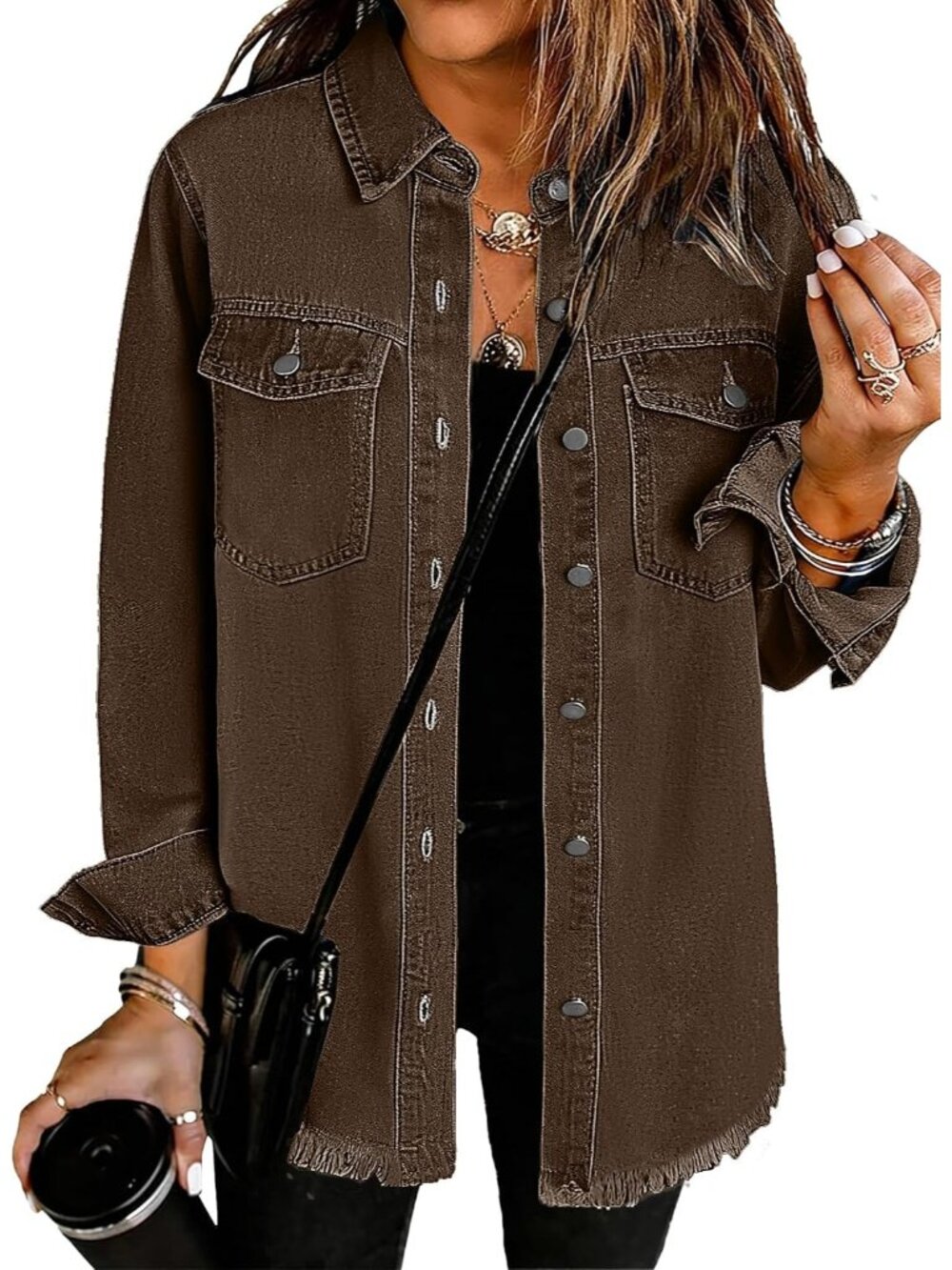 Women’s Brown Button Down Oversized Distressed Denim Jean Jacket Shacket